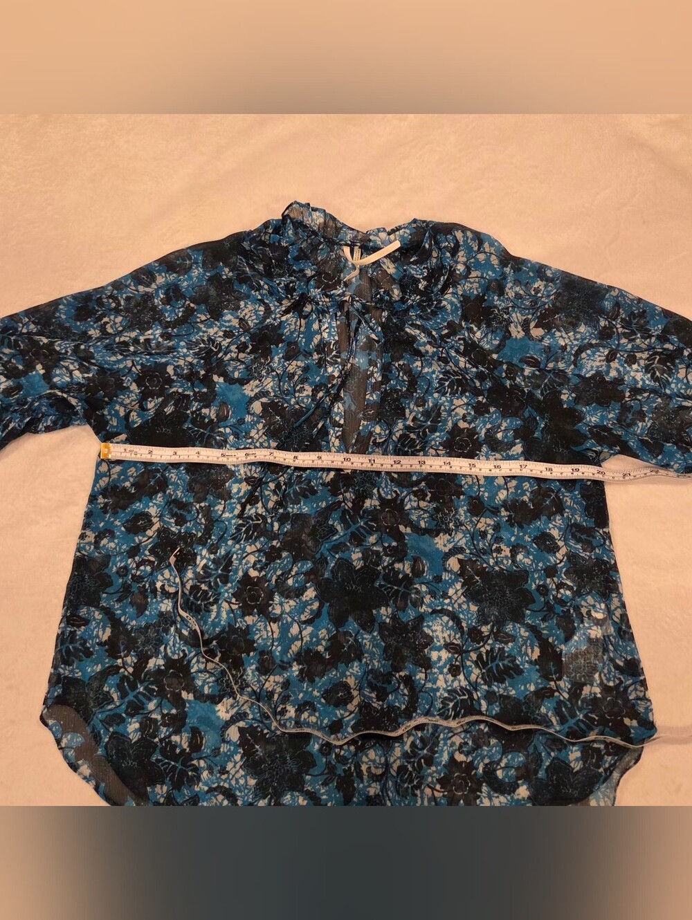 Anthropologie Blue Floral Tie-Neck Sheer Blouse, Size S. - Picture 13 of 15